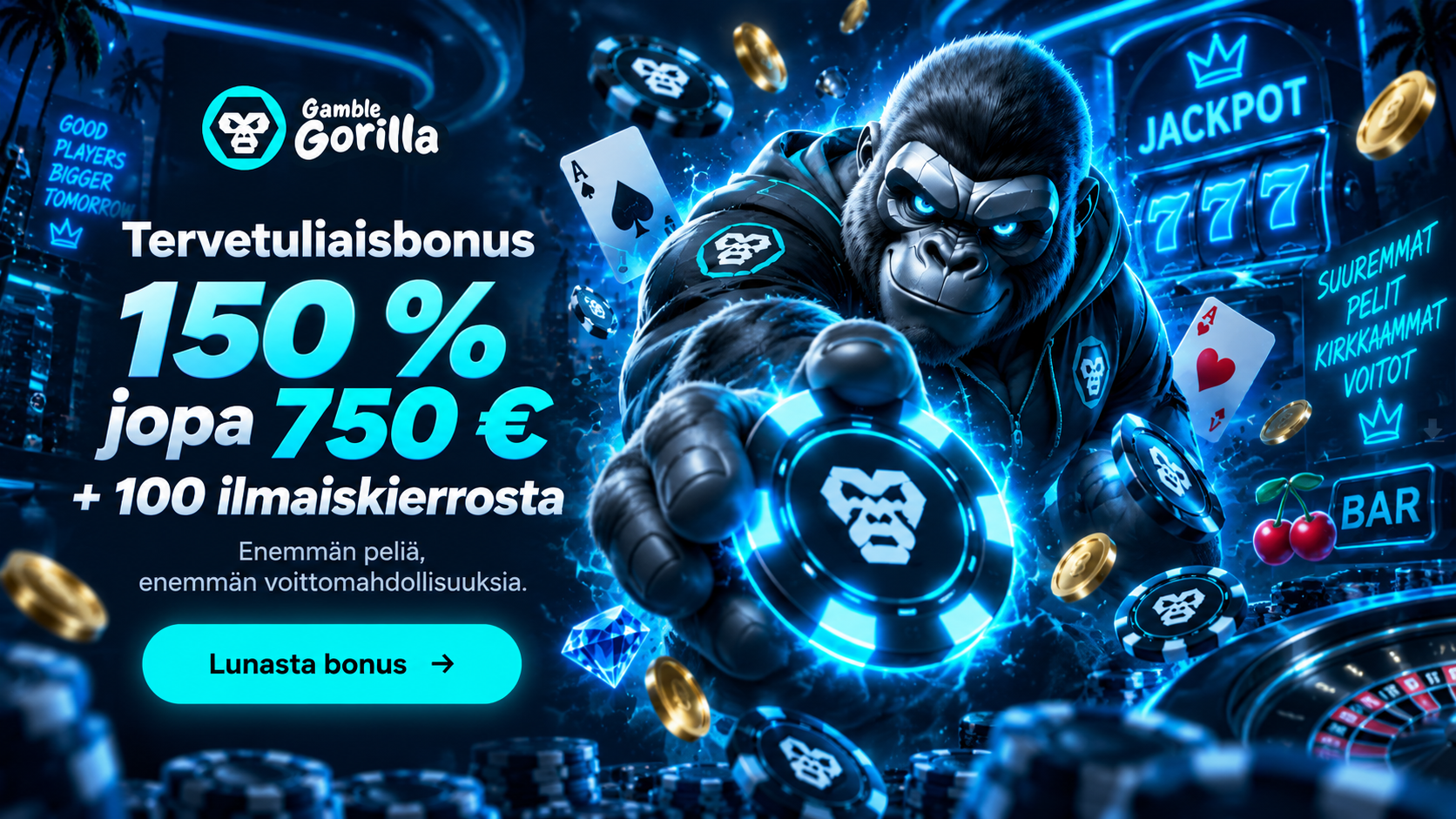 GambleGorilla bonus – jopa 2 000 € + 1 000 ilmaiskierrosta